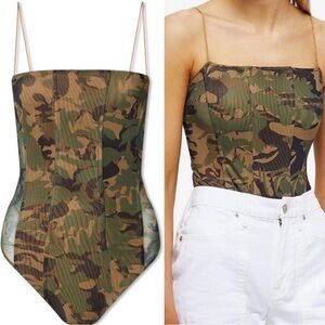 NWT GOOD AMERICAN Bodysuit Womens XS Green Camo Mesh Corset Army Print 0